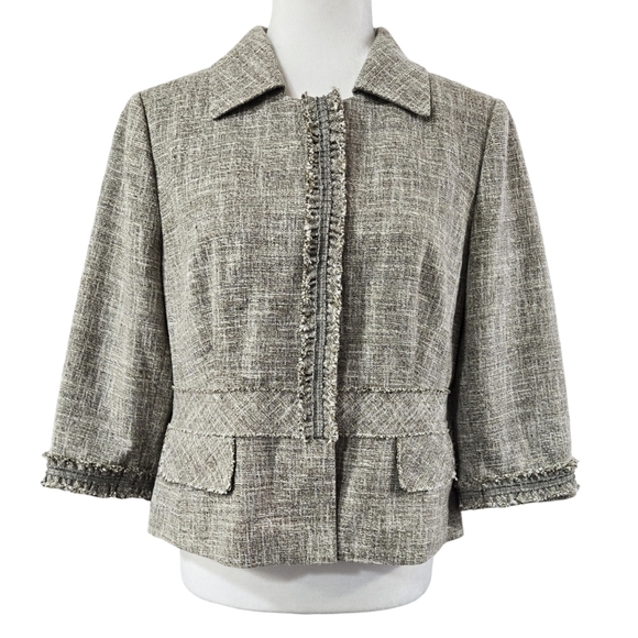 Ann Taylor Tan Tweed Snap Up 3/4 Sleeve Jacket Fringe Trim Pockets Preppy - Picture 1 of 10